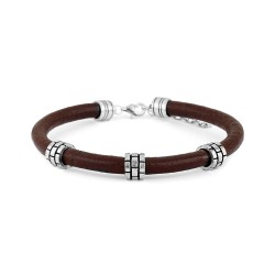 6 mm brown leather men's bracelet with three silver beads