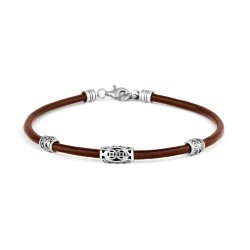 3 mm brown leather men's bracelet with three silver beads