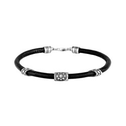 4 mm black leather men's bracelet with three silver beads
