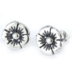 10mm Flower Oxidized Silver Earring With Push Back