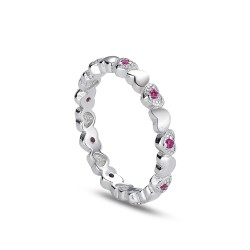 Rhodium silver ring with zirconia hearts and pink stones...