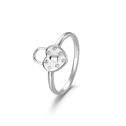 Rhodium-plated silver ring padlock heart with 6 mm zircons
