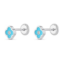 6mm Blue Enamel Clover Rhodium Silver Baby Earring With...