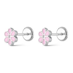 6 Mm Pink Enamel Flower Rhodium Silver Baby Earring With...