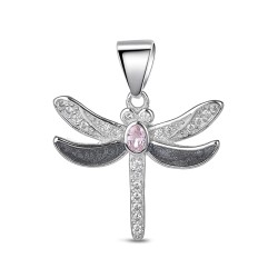 Zirconia and pink stone dragonfly pendant with black...