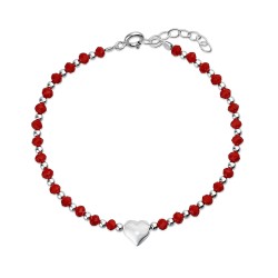 Silver bracelet 3 mm faceted red balls with 8 mm heart