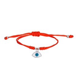Knotted red string bracelet with 12mm enameled eye dangling